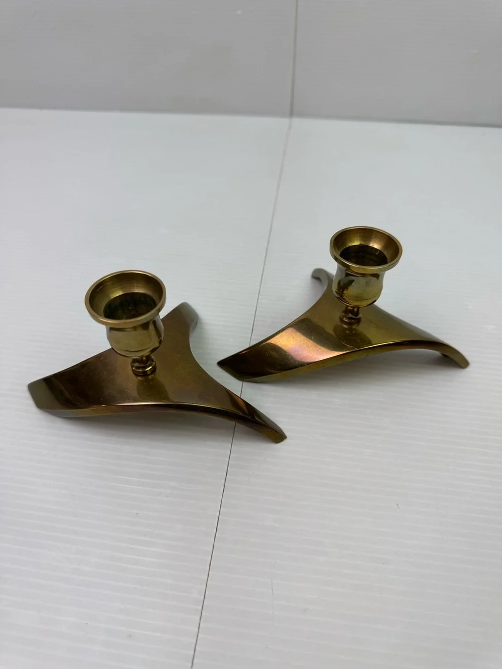 VTG Mid Century Modern Brass Candle Holders Boomerang Tripod Wishbone Taper Pair